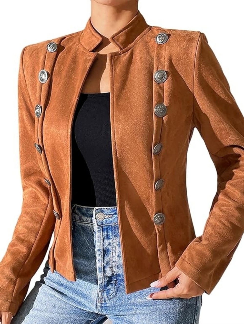 Khaki Brown Faux Suede Military-Inspired Button Detailed Blazer